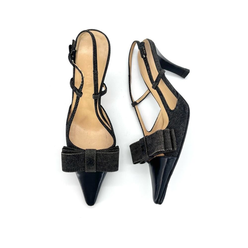 Chanel CC Retro Vintage Lagerfeld Bow Black Denim Slingback Pointed Toe Pumps 35 - Picture 3 of 8